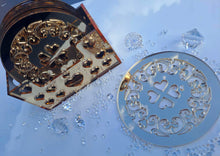 Bulk Buy Wedding Favours/Coasters Gold Mirror Acrylic includes FREE Holder