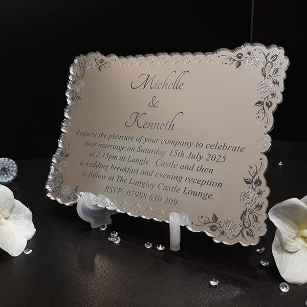 WEDDING INVITES | Personalised Acrylic Engagement / Wedding Invitations, made to order mirror invitations | clear acylic invites | Gold Mirror Invitations | Silver Mirror Invites | We can put your design onto your wedding invitations | FREE ENVELOPES WITH ALL ORDERS | Personalised Wedding Breakfast Menus | Invites.