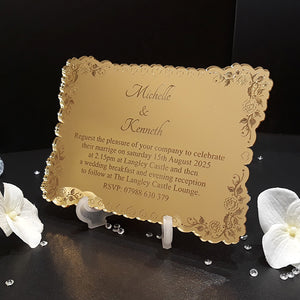 WEDDING INVITES | Personalised Acrylic Engagement / Wedding Invitations, made to order mirror invitations | clear acylic invites | Gold Mirror Invitations | Silver Mirror Invites | We can put your design onto your wedding invitations | FREE ENVELOPES WITH ALL ORDERS | Personalised Wedding Breakfast Menus | Invites. wedding accessories