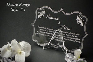 Clear acrylic wedding invites from the desire range of UK Designz