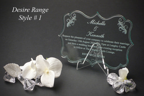 Glass effect wedding invitations from the desire range of uk designz wedding accessories