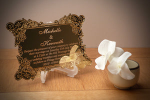 Elegance invitation in gold mirror - WEDDING INVITES | Personalised Acrylic Engagement / Wedding Invitations, made to order mirror invitations | clear acylic invites | Gold Mirror Invitations | Silver Mirror Invites | We can put your design onto your wedding invitations | FREE ENVELOPES WITH ALL ORDERS | Personalised Wedding Breakfast Menus | Invites.
