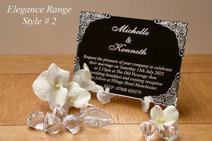 Mirror acrylic invitations with personal details engraved | bespoke wedding accessories from £1 | wedding favours | table decorations