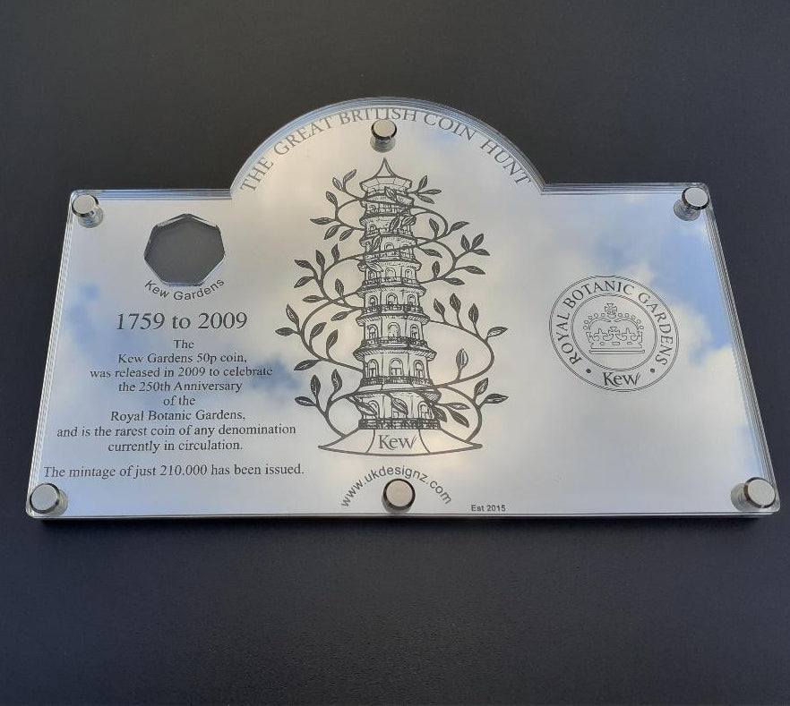 silver mirror - The venerable institution depicted on the Kew Gardens 50p coin is the nation's most famous royal botanical garden. The reverse design, created by Christopher Le Brun RA, features the famous Chinese Pagoda at Kew with a decorative leafy climber twining in and around the tower.
